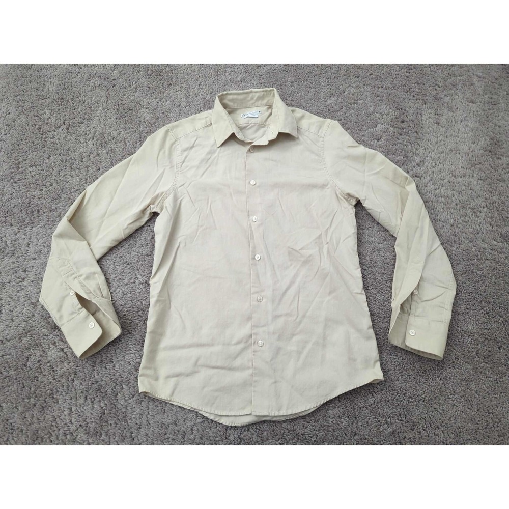 Zara Button Up Shirt Mens S Beige Long Sleeve Regular Fit Preppy Casual